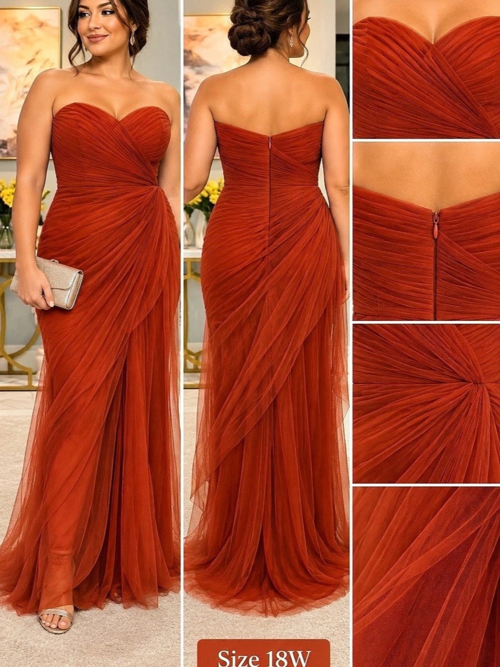 Women's Fashion Pleated Strapless Maxi Dress in Orange Size 18W NWT